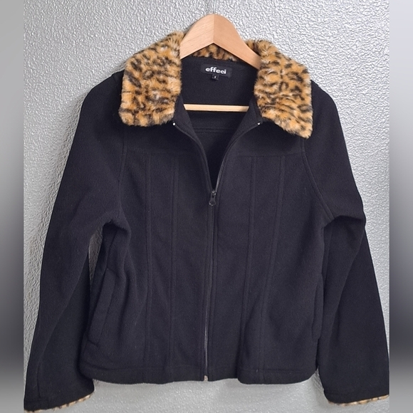 Effeci Black Fleece Jacket With A Faux Fur Leopard Pattern Size S - Picture 6 of 8